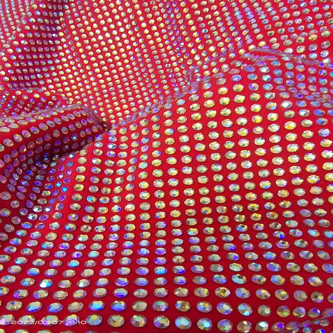 AB Gold Peach Crystal Stones in Red Siam Spandex Stretchable Fabric for Fashion Luxury Designer Dress