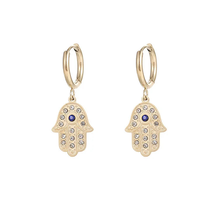 Vintage Stainless Steel Cz Zircon Hand Pendant Earrings 18k Gold Plated Hoop Earrings