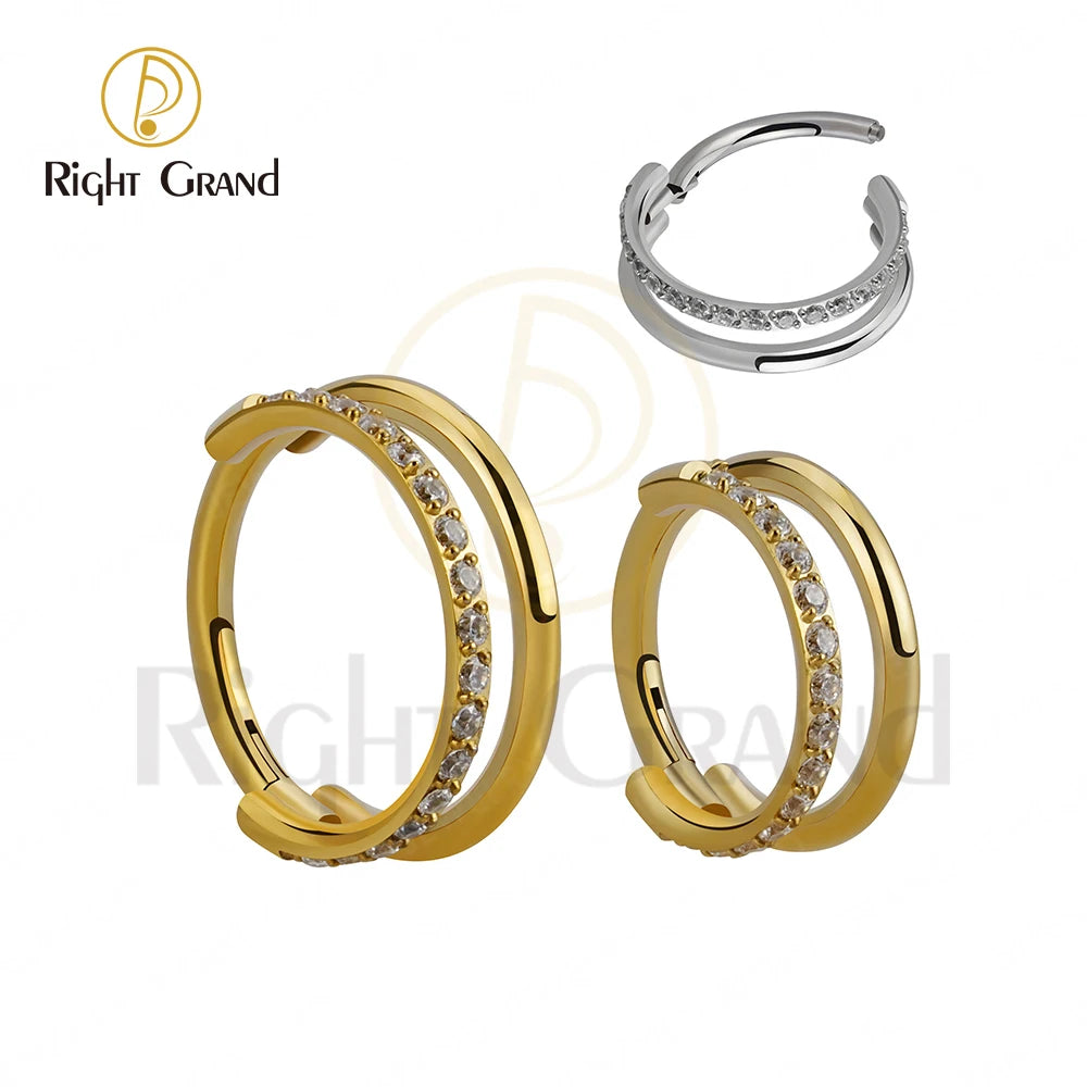ASTM F136 Titanium Rings Hinged Clicker Pin Tapers Segment Hoop Nose Circle Earrings With CZ Sides Piercing Jewelry