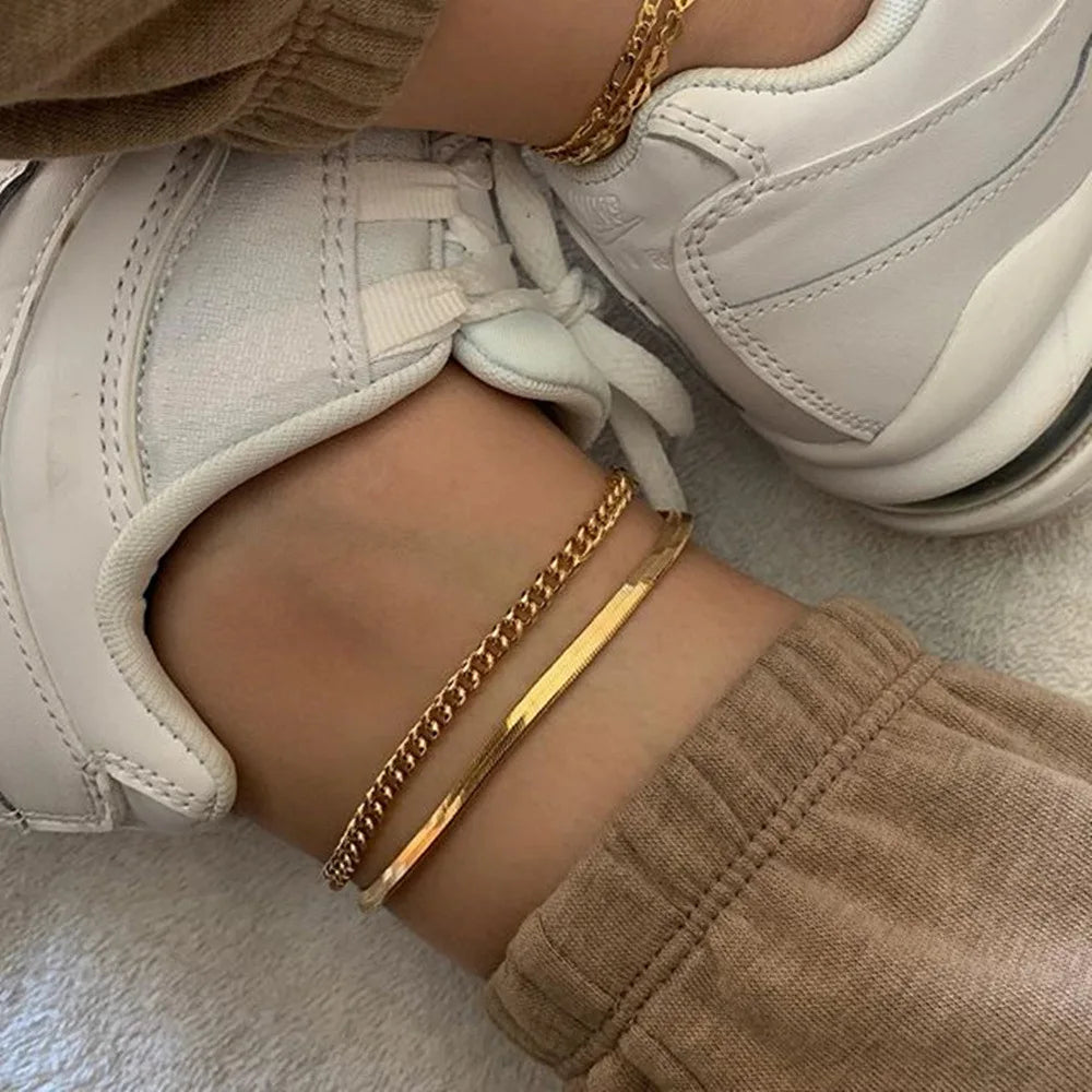 HOVANCI Ins Style Simple 18K Gold Plated Metal 2 PCS Set Snake Chain Anklets for Summer