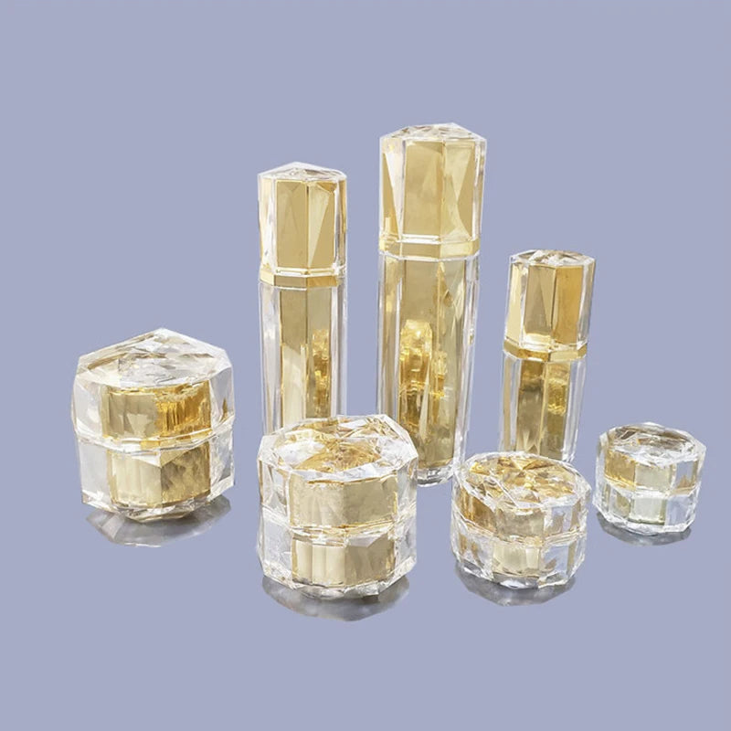 5g 10g 12g 15g 30g 50g Luxury In-stock Empty Gold Plastic Cream Jars 30ml 50ml 100ml New Design Ready to Ship Jar and Bottle Set