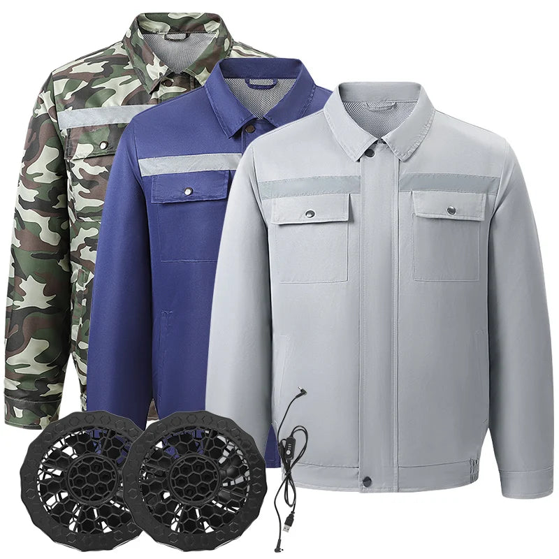 Summer Cool Must Have Multi Pocket Front Rear Reflective Strip Design Tooling Jacket Cooling Air Conditioner Fan Clothing