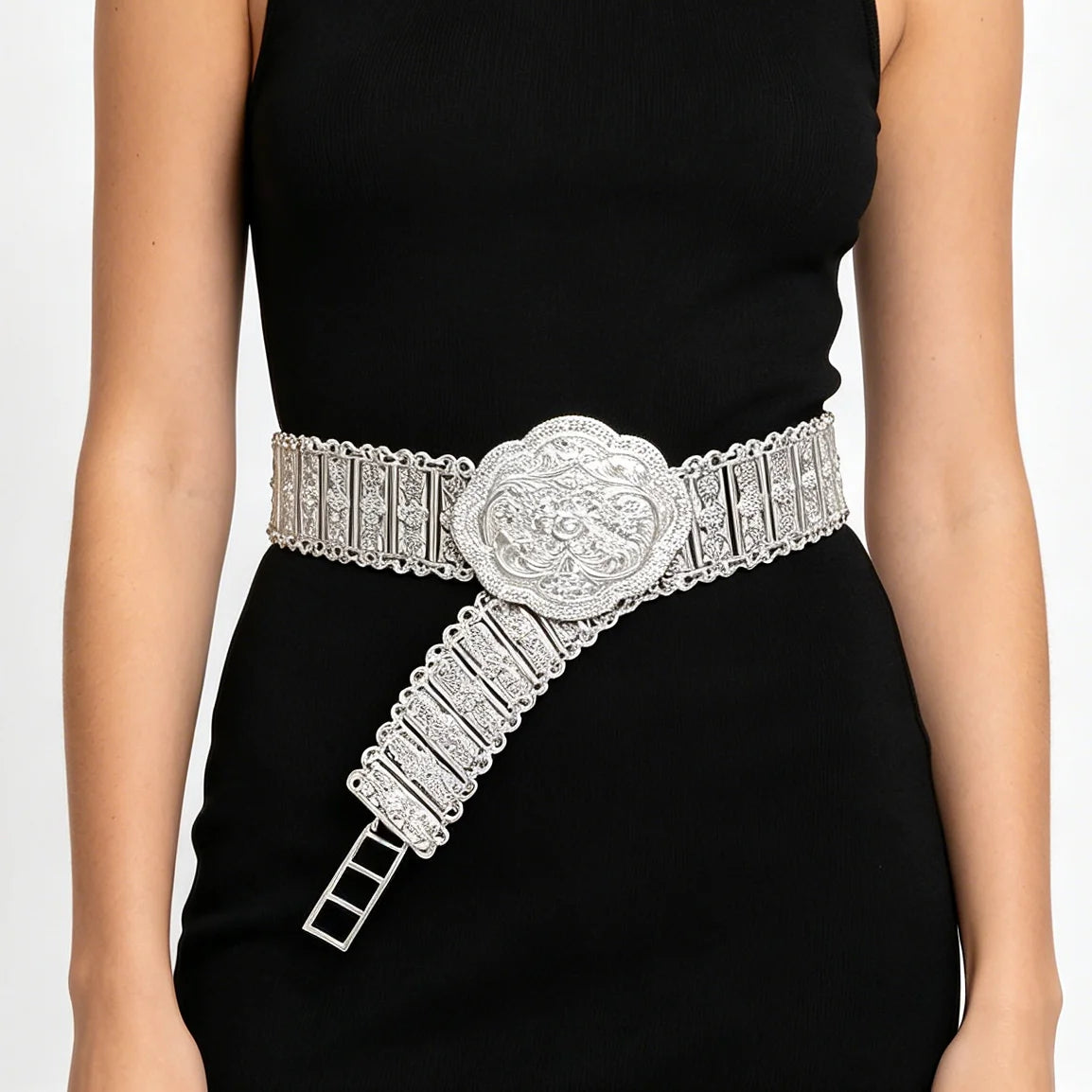 Fashion Silver Plated Flower Dance Waist Chain Ethnic Style Hollow Out Women Body Belly Chain Belt