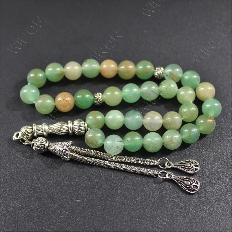 Islamic Natural Green Aventurine Muslim Prayer Beads Silver Tassel Tasbih Tasbeeh 8mm 33 Rosary Mala Masbaha Ramadan Gift