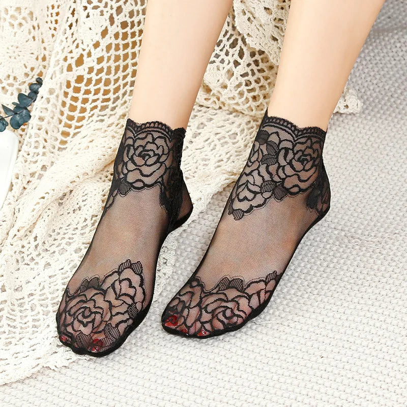 Jingwen OEM Durchsichtige Socken Summer Retro Flower Thin Women Socks