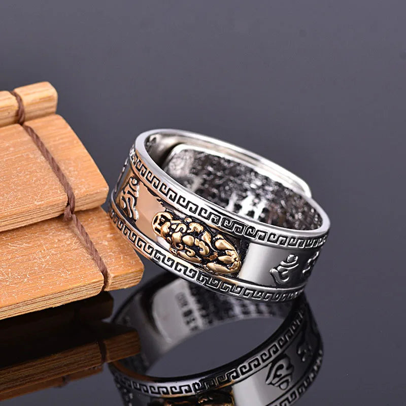 European Retro Style Buddhist Wealth Pixiu Ring Carved Words Amulet Fengshui Wealth Pixiu Ring for Men