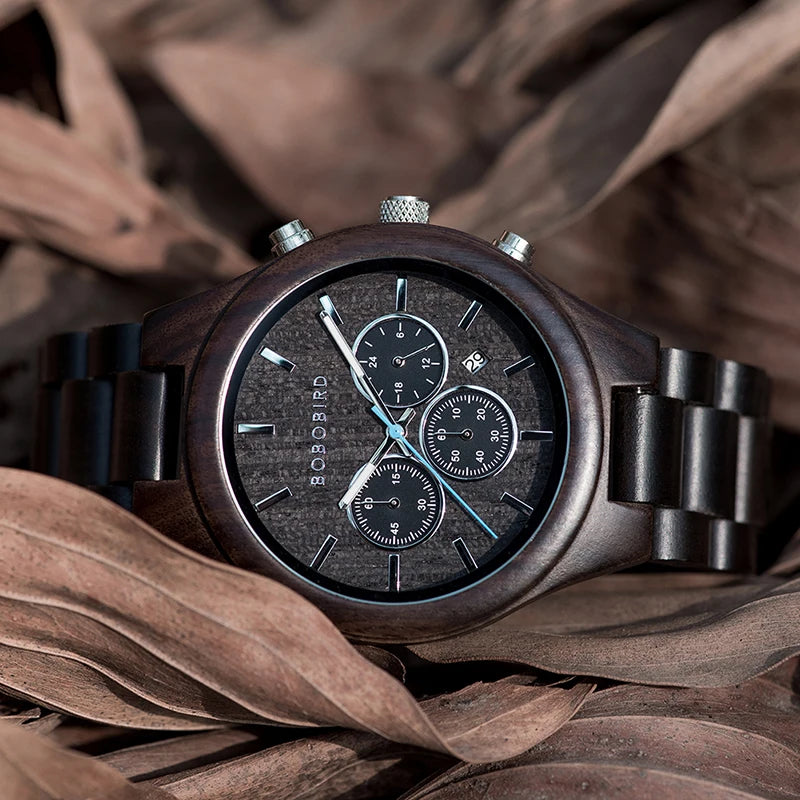 Factory New Design Business Fashion Men's Waterproof Ebony Wooden Band Chronograph Watch with Pointer Dial Limited Edition