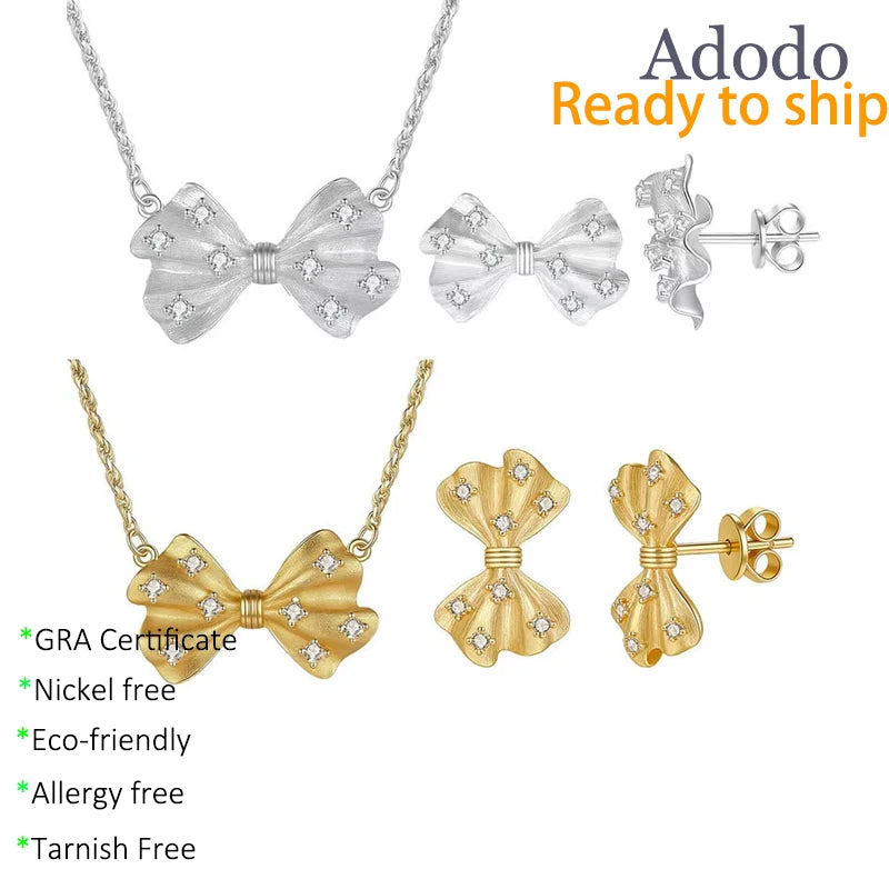 Adodo Factory S925 Sterling Silver Necklace Earrings Fine Jewelry Set with VVS1 Moissanite Hand-Brushed Bow