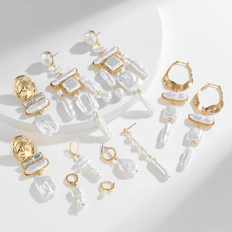 KJ High Quality Geometric Imitation Pearl Zinc Alloy 18K Gold Plated Pendant Earrings Women Exaggerated Statement