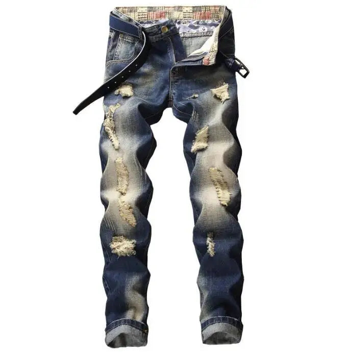 Men's Moto Biker Holes Jeans Vintage Straight Denim Jeans New Style Slim Denim Long Jeans Cowboy Trousers Nostalgic Color