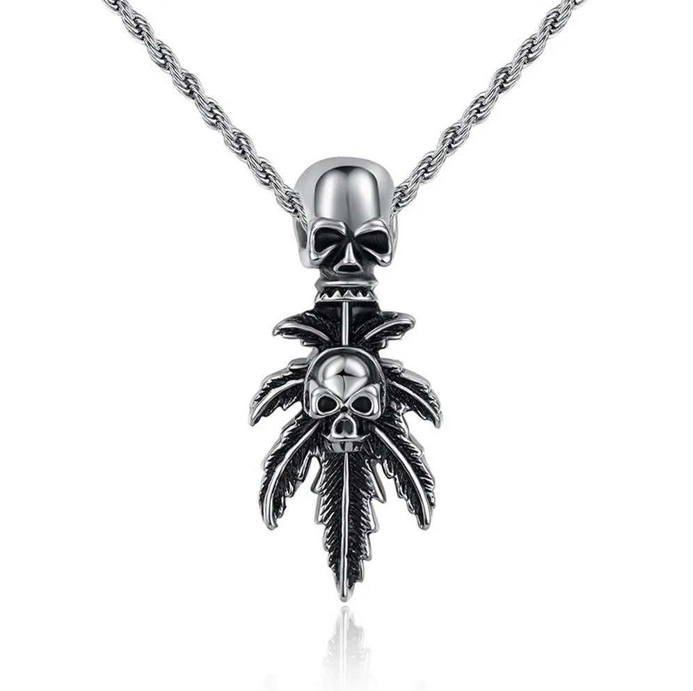 Wholesale Fine Pendants & Charms Punk Men's Stainless Steel Skull Head Necklace with Maple Design Fashionable Wholesale Jewelry