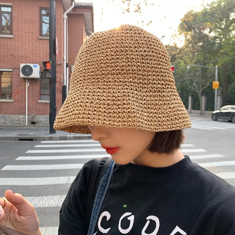 Raffia Straw Woven Fisherman Hat Unisex Image Style Outdoor Beach Daily Use Summer Sunshade Thin Section Face-covering