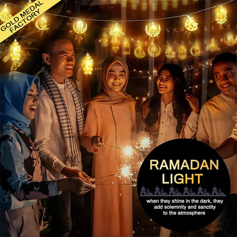 Ramadan Eid Mubarak Kareem LED 10LEDs Star Moon Lantern String Lights 2024 Battery Powered Metal 2M
