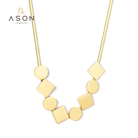 Ason Fashion Jewelry Stainless Steel 18k Gold Plated Pendant Necklace Women Square and Circle Combination Choker Chain Necklace