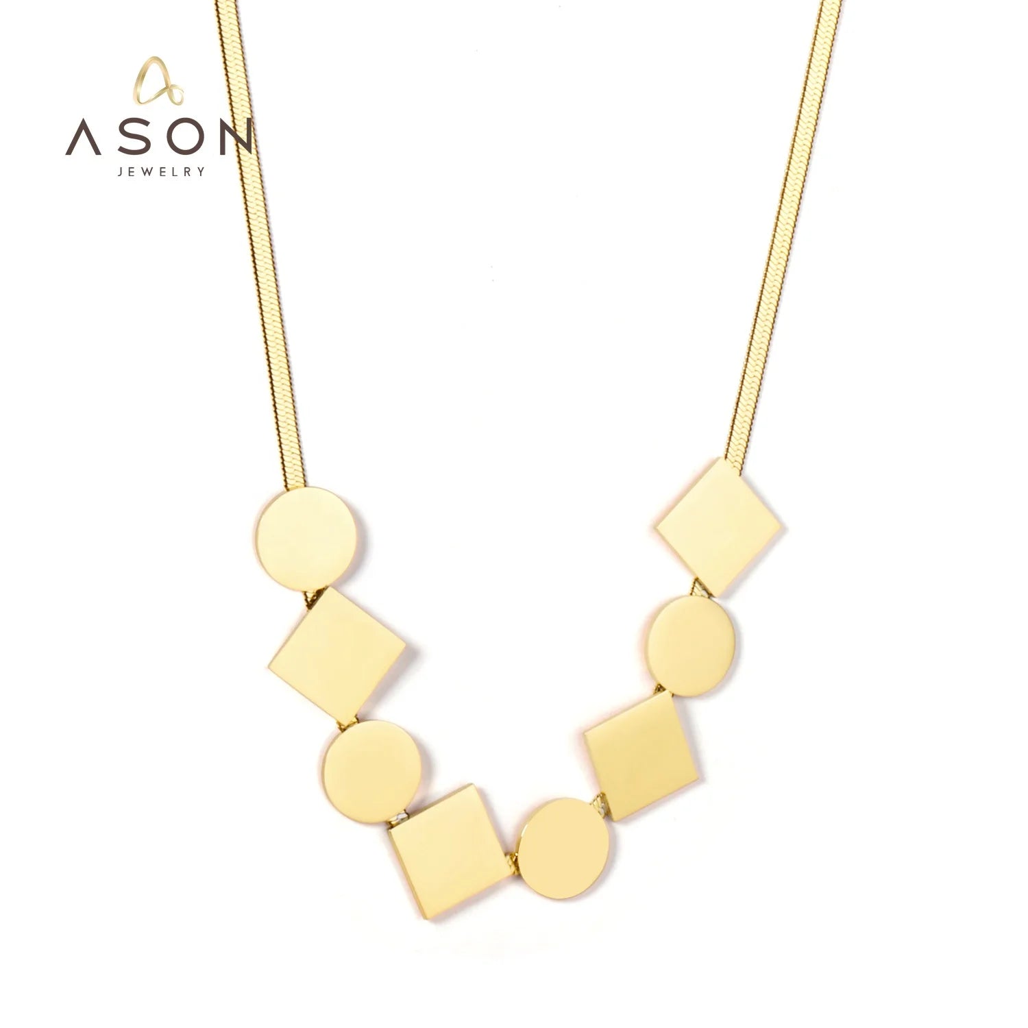 Ason Fashion Jewelry Stainless Steel 18k Gold Plated Pendant Necklace Women Square and Circle Combination Choker Chain Necklace