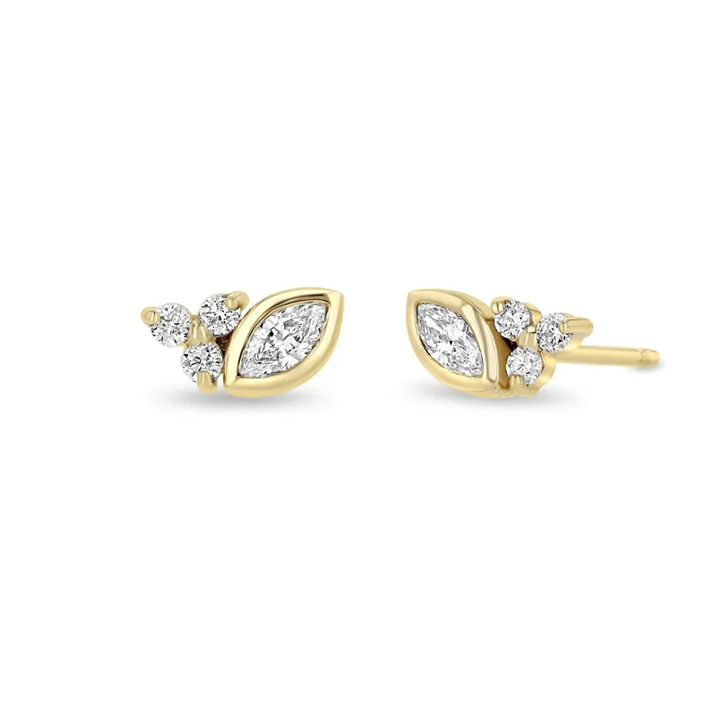 LOZRUNVE 14k Gold Bezel Setting Marquise Trio Cubic Zirconia Lucky Cluster Stud Earring 925 Sterling Silver