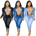 Crown Beading Tassels Patchwork Fashion Denim Coat Turn Down Collar Long Sleeve Crop Jackets Streetwear Button up Slim Outwear