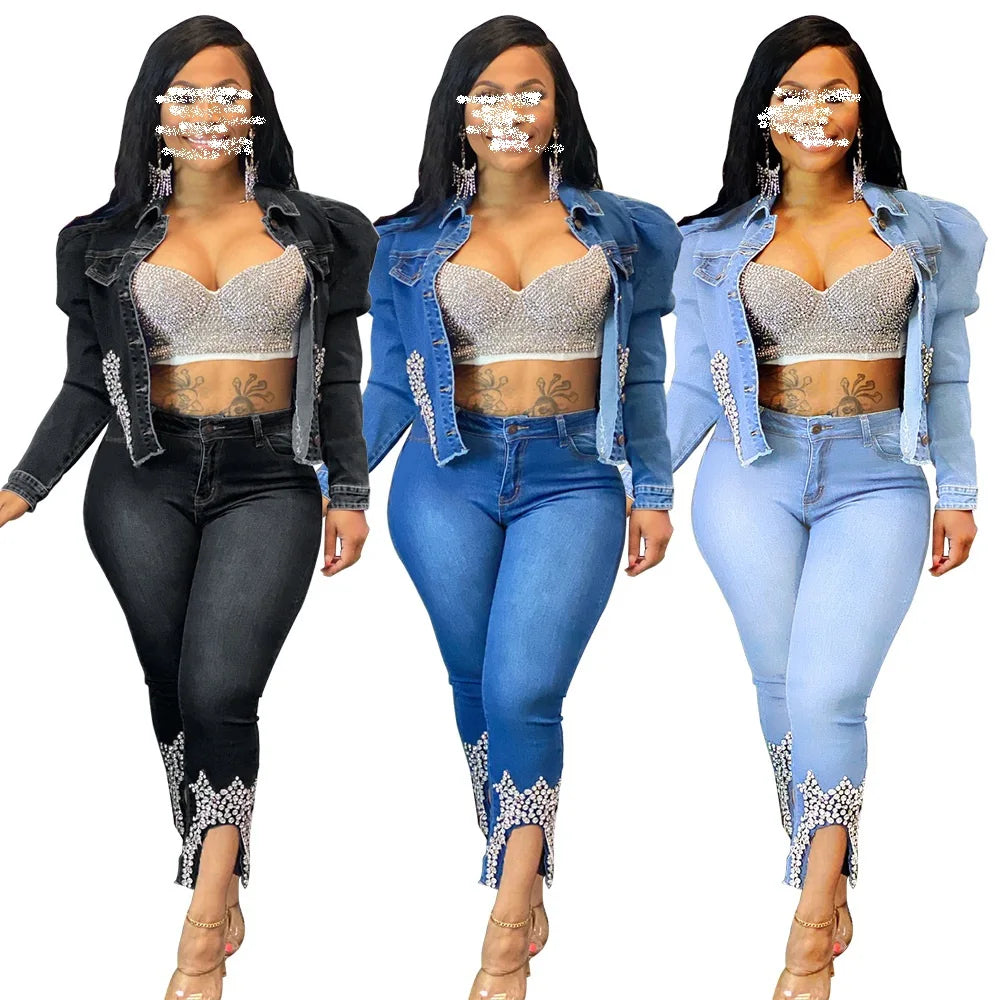 Crown Beading Tassels Patchwork Fashion Denim Coat Turn Down Collar Long Sleeve Crop Jackets Streetwear Button up Slim Outwear