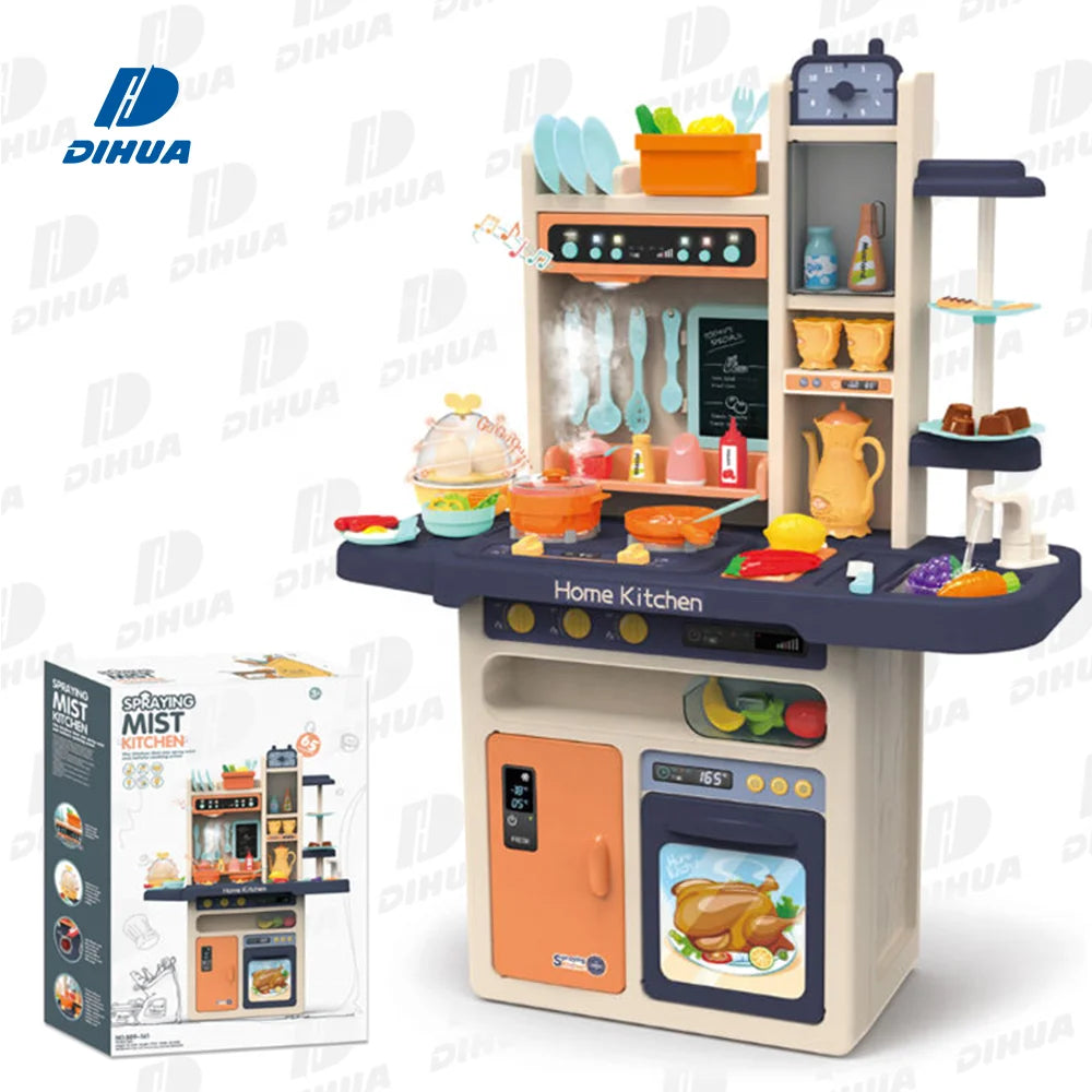 Spraying Mist Kitchen Children Play Toy Kitchen Food Model Toys Simulation Home Kitchen Cabinet Toy with Light and Sound 65pcs