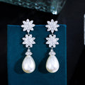 Elegant Chic Cubic Zirconia Stone Cluster Flower Dangle Drop Long Pearl Earrings for Women Wedding Pageant Jewelry Accessory