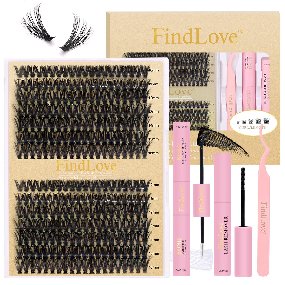 Handmade DIY Eyelash Extension Kit with D Curl Cluster Lashes Glue Remover Seal Bond Applicator Tool for Lash Clusters
