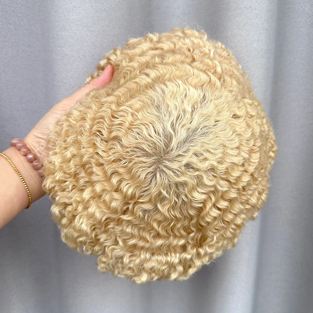 Full Lace  Afro Curly Blonde Men's Hair Prosthesis Hair Wigs 613 Color Indian Remy Hair Natural Hair Wigs for Black Men