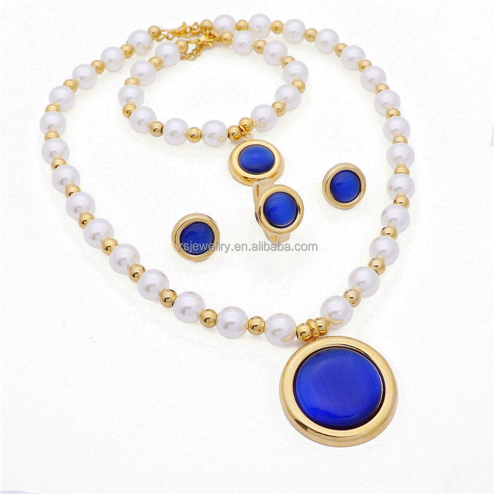 Sapphire Coral Beads Gemstone Luxury Fashion Set African Set Dubai Jewelry Sets Gold Plated 18K