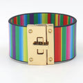 TRENDY Jewelry Opening Metal Lock Colorful Striped PU Faux Leather Wide Wrap Bracelet for Women