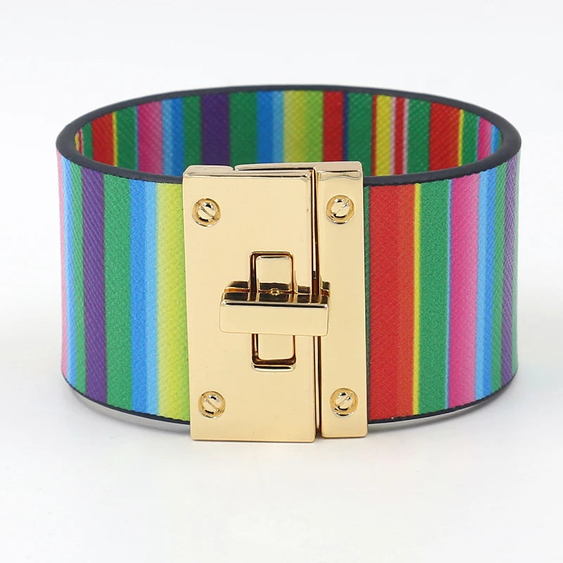 TRENDY Jewelry Opening Metal Lock Colorful Striped PU Faux Leather Wide Wrap Bracelet for Women