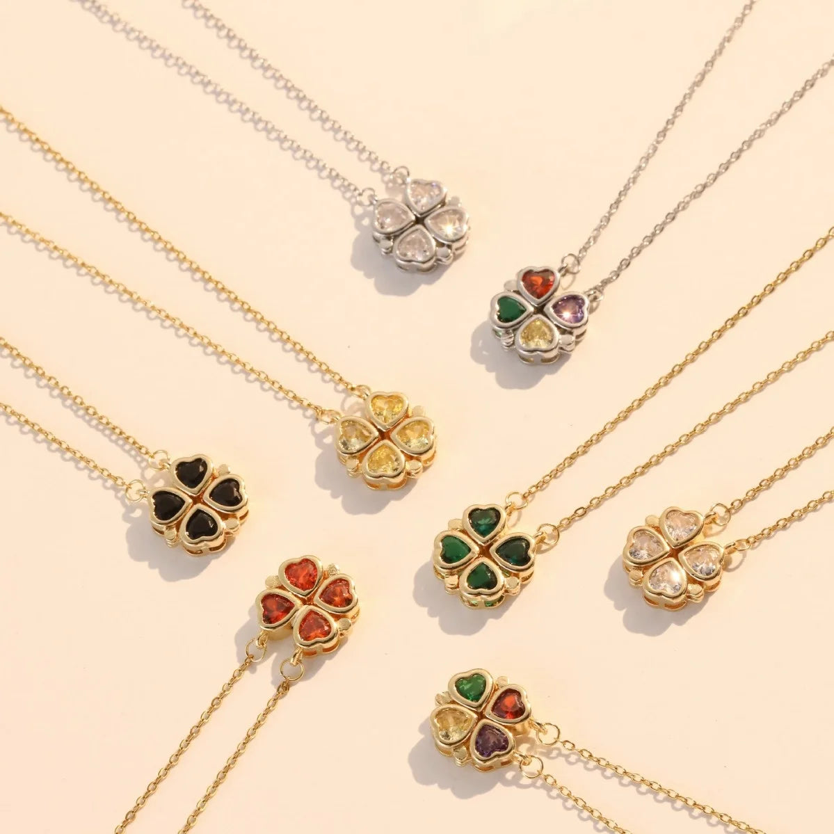 Women's Stainless Steel Necklace Versatile Four-Leaf Flower Heart-Shaped Zircon Pendant Dual-Wear Colorful Internet Celebrity