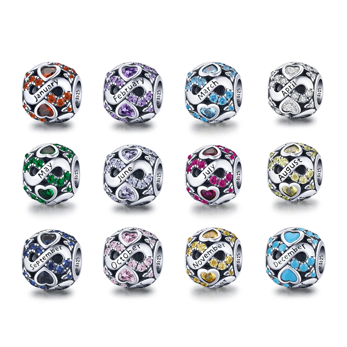 Exquisite 925 Sterling Silver Birthstone Jewelry for Women Rhodium Plated Cute Number Pattern Pendant Charms Platinum Main Bead
