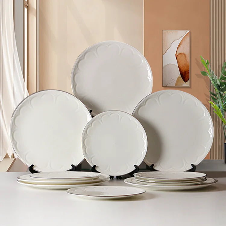 Ceramics White Plates Dinner Dishes Restaurant Cheap Stocked Plate Embossed 12pcs Dinner Sets Dinnerware for Restaurant