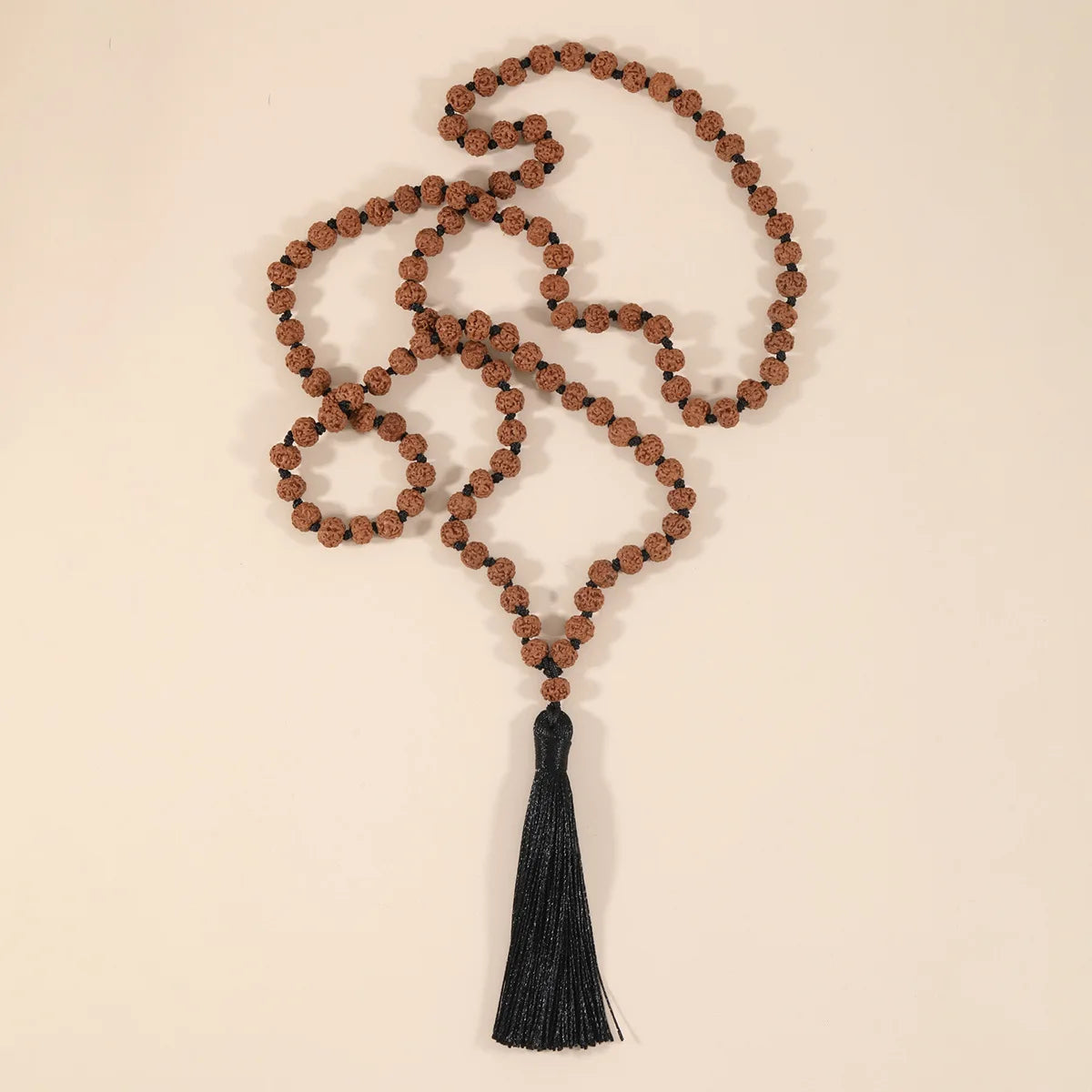 Good Luck Long Tassel Knotted Round Bead Necklace Sweater Chain 108 Mala Bodhi Rudraksha Beaded Necklaces for Women Men