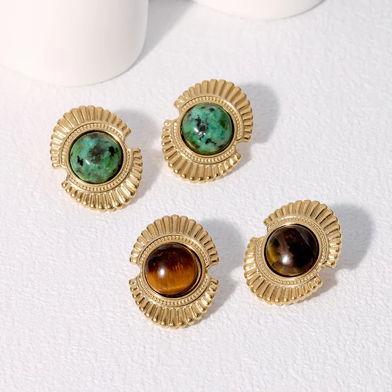 Beimai OEM Stud Earrings Natural Stone Retro High-end 18K Gold-plated Stainless Steel Stud Earrings