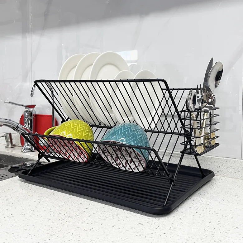 Dish Drying Rack for Kitchen Counter 2 Layer Large Capacity Foldable Powder Spraying Wire Dish Drainer Storage Holder Rack