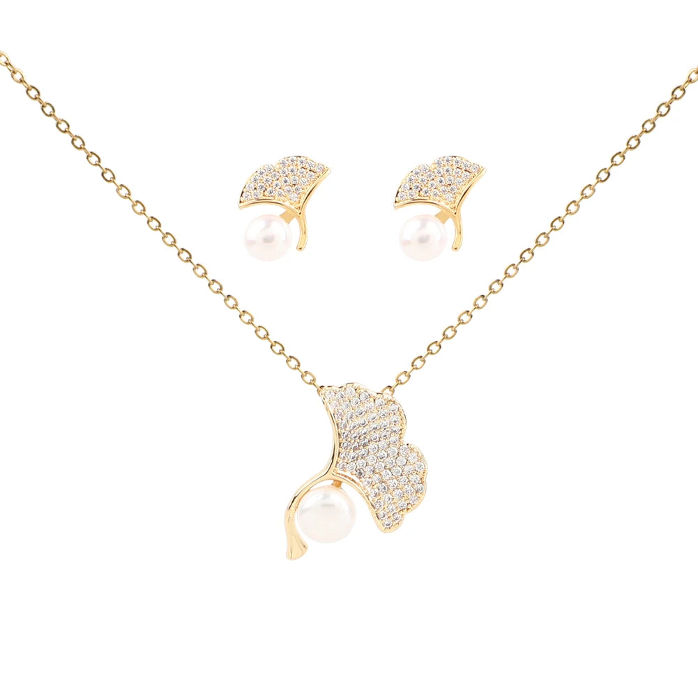 Fashion Shiny Zircon Ginkgo Leaf Shape Pendant Necklace and Earrings Sets for Women Jewelry Sets Wholesale