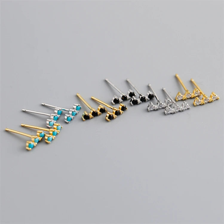 Fine 925 Sterling Silver 18k Gold Plated Mini Geometric Round Color Zircons Row Stud Earrings for Women