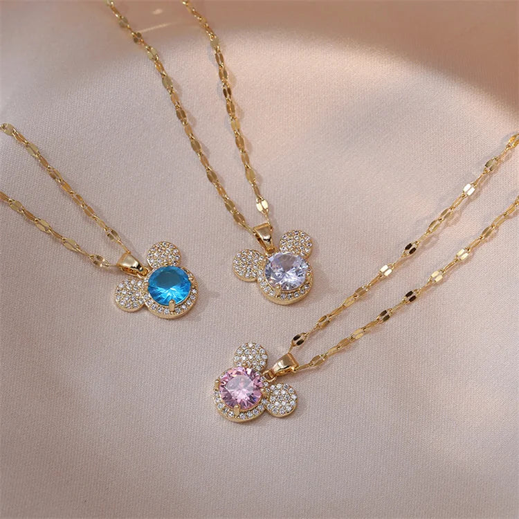 Wholesale New Stainless Steel 18k Gold Plated Cute Fun Diamond Crystal Mouse Pendant Necklace