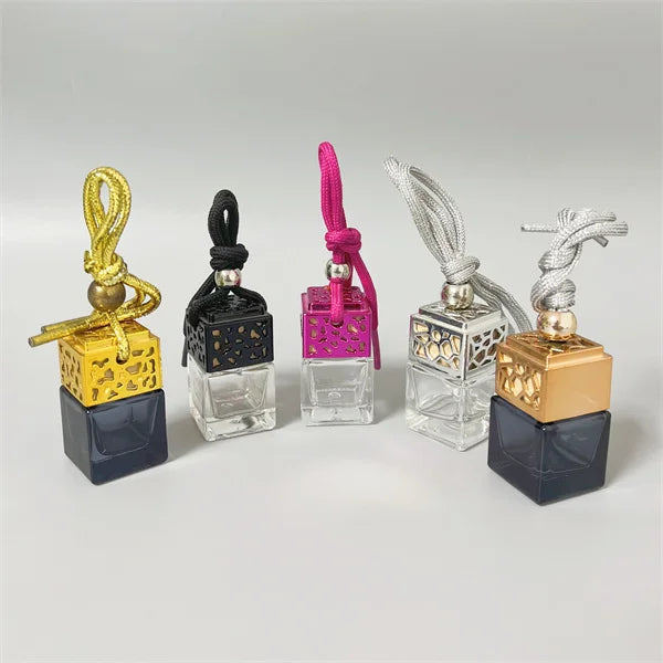 Empty 8ml square clear black car glass bottle air freshener perfume oil hanging with pink silver gold wooden cap