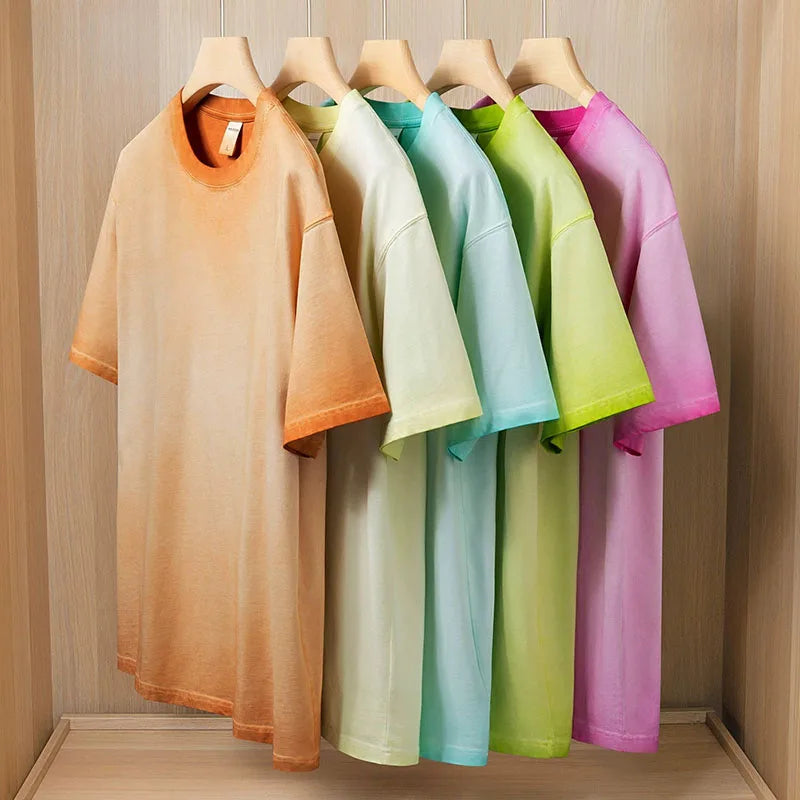 RNSHANGER Vintage Men's Oversized T-Shirt Casual 280g Cotton Gradient Short Sleeve Tee Summer Custom Logo Washed Male T Shirts