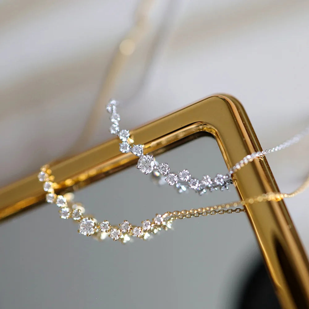 INS Simple Luxury Fancy 14k Gold Plated 925 Sterling Silver Chain Shiny Zircon Row Drill Pendant Necklace for Women Girls