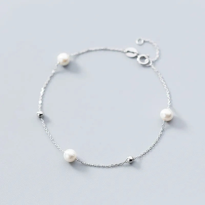 925 Sterling Silver Round Imitation Pearl Bead Statement Charm Bracelets Fine Jewelry for Women