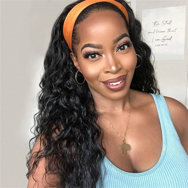 150% 180% Density Brazilian Remy Human Hair Wig for Black Women Water Wave Lace Toupee Base Long Length Free Headband Wig