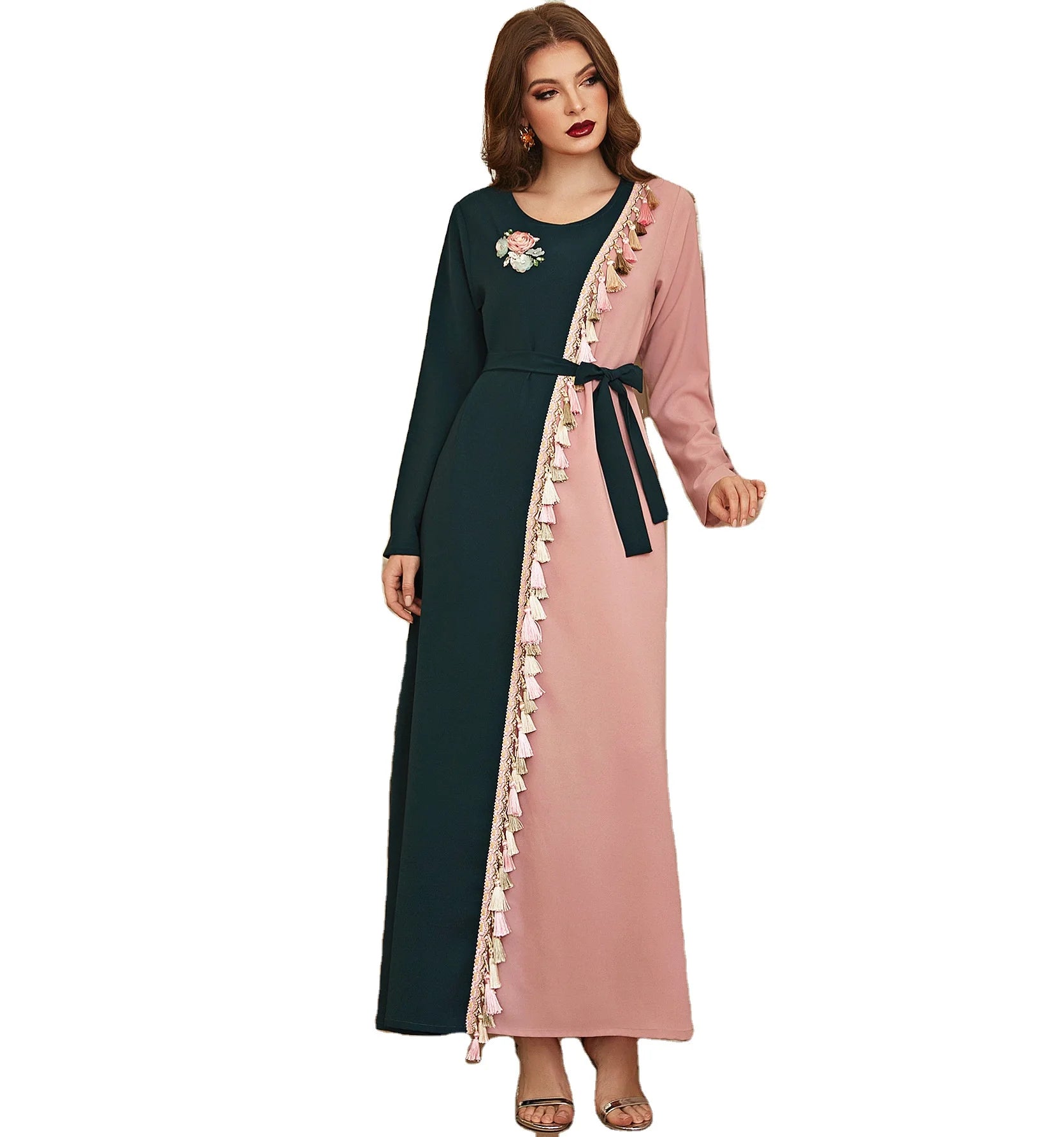 Green pink Two Tone Color Tassel Decoration Embroidery Flower Cloth Belt Classic Summer Autumn Eid Islamic Abaya Dress