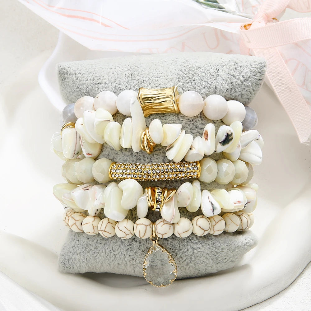New Fashionable Bohemian Vacation Style Women's Jewelry 5pcs Multi-color Natural Stone Glass Shell Bead Elastic Stack Bracelet