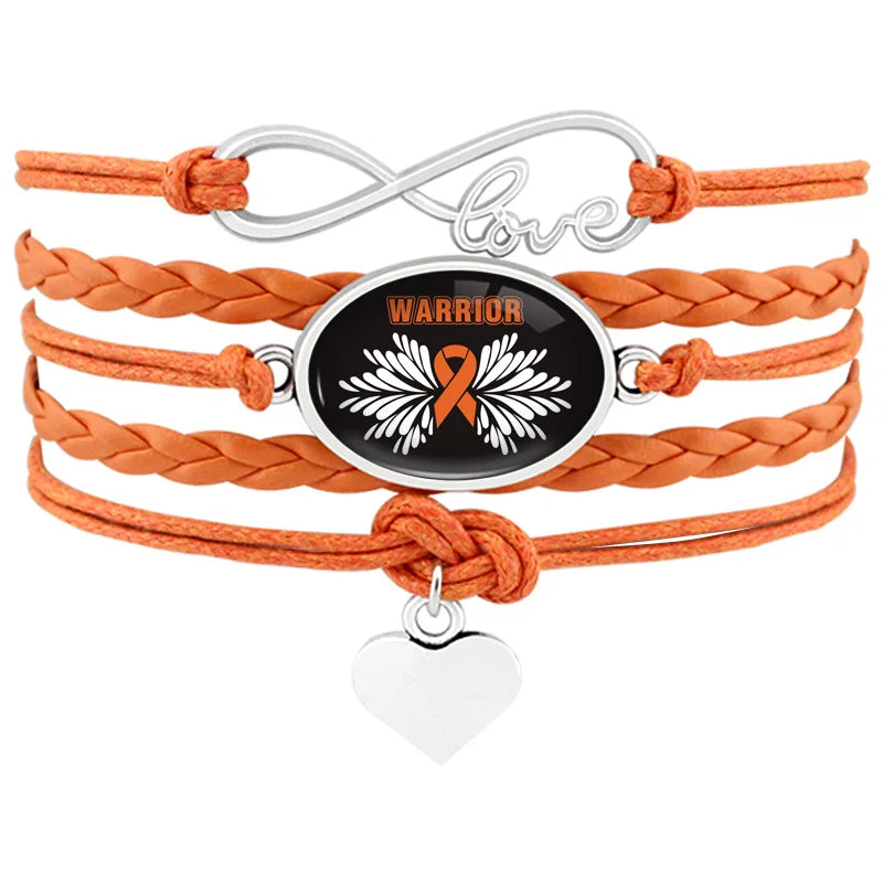 Cure Beat Multiple Sclerosis Fighter MS Survivor Love Be Brave Faith Believe Hope Mom Orange Awareness Ribbon Leather Bracelet