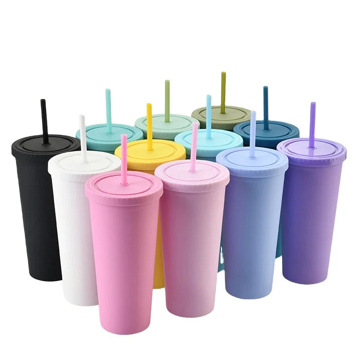 Wholesale Bulk Colorful 24oz 700ml Double Wall Plastic Matte Water Bottle with Lid and Straw Reusable Cups Juice Drink Tumbler