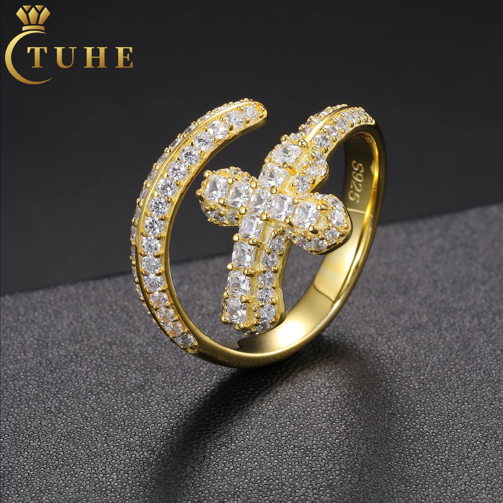 Unique Design 18K Gold Plated 925 Sterling Silver VVS Moissanite Diamond Iced Out Sword Cross Ring Hip Hop Jewelry for Men