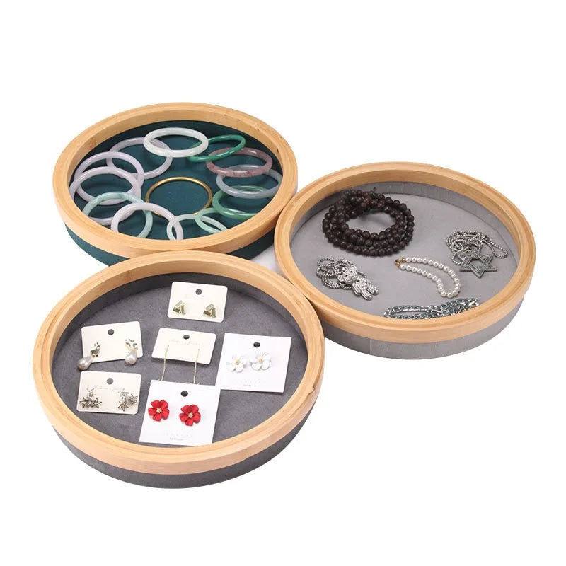Small 25cm Round Bamboo Velvet Jewelry Box Watch and Household Storage Organizer