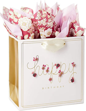 Luxury Paper Bag Birthday Gift Bag with Tissue Paper (Pink Flowers) Paper Stand up Pouch